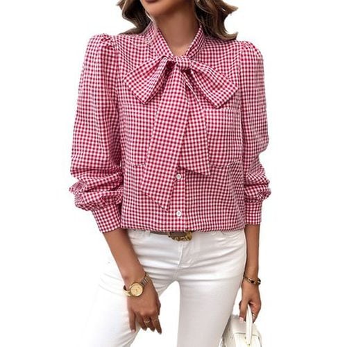 Women's Long Sleeve Shirt Spring/Fall Lightgreen Plaid Bow Shirt Collar Daily Going Out Casual Top - Just Fashion Now - Modalova