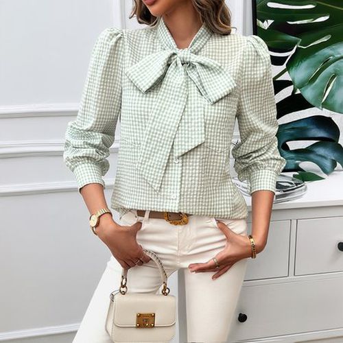 Women's Long Sleeve Shirt Spring/Fall Lightgreen Plaid Bow Shirt Collar Daily Going Out Casual Top - Just Fashion Now - Modalova