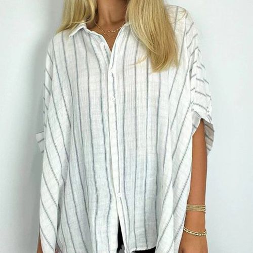 Women's Half Sleeve Shirt Summer White Striped Shirt Collar Daily Going Out Casual Top - Just Fashion Now - Modalova