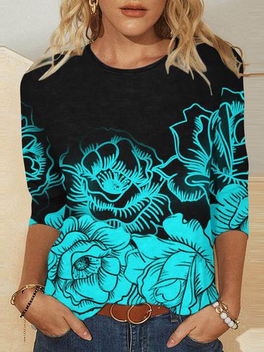 Casual Crew Neck Top With Floral Design - Just Fashion Now - Modalova