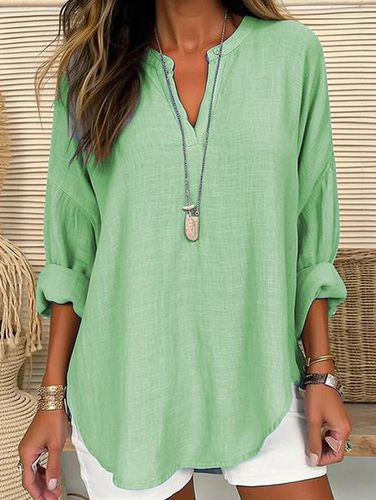 Loose Plain Notched Casual Blouse - Just Fashion Now - Modalova