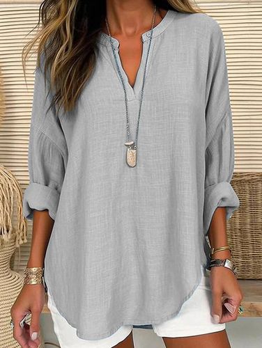 Loose Plain Notched Casual Blouse - Just Fashion Now - Modalova