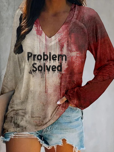 Women's Bloody Problem Solved Halloween Print V-Neck Long Sleeve T-Shirt - Just Fashion Now - Modalova