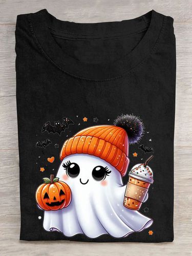 Fun Halloween Pumpkin Printed Round Neck T-shirt - Just Fashion Now - Modalova