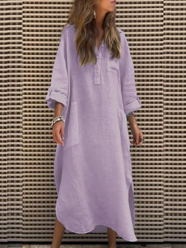 Women's Long Sleeve Spring/Fall Light Purple Plain Buckle Shirt Collar Daily Going Out Casual Midi H-Line Dress - Just Fashion Now - Modalova