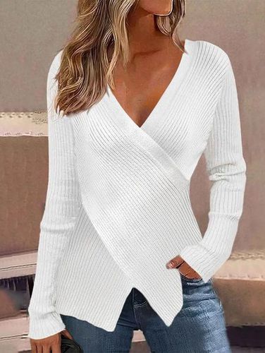 Cross Neck Plain Cross Casual Sweater - Just Fashion Now - Modalova