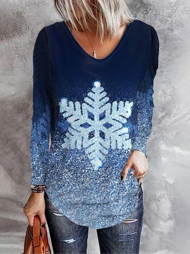 Christmas Snowflake V-Neck Loose T-Shirt - Just Fashion Now - Modalova