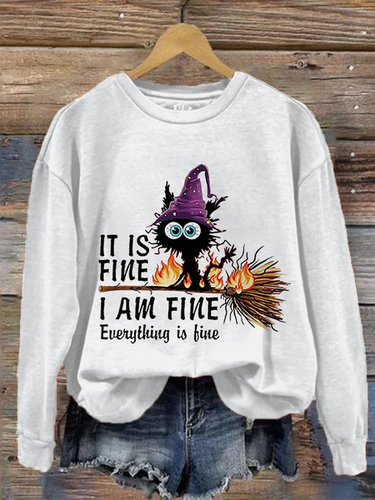 It's Fine I'm Fine Black Cat Print Crew Neck Sweatshirt - Just Fashion Now - Modalova