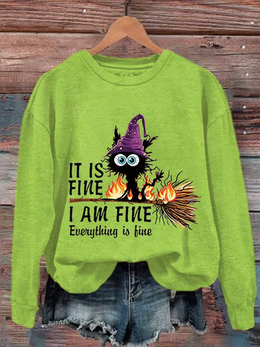 It's Fine I'm Fine Black Cat Print Crew Neck Sweatshirt - Just Fashion Now - Modalova