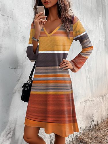 Women's Long Sleeve Summer Orange Red Striped V Neck Daily Going Out Casual Midi A-Line TUNIC Dress - Just Fashion Now - Modalova