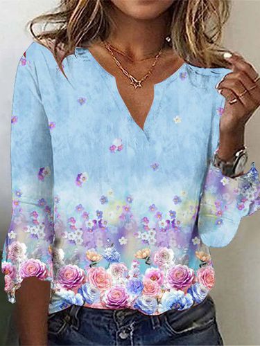 Loose Floral Casual Notched T-Shirt - Just Fashion Now - Modalova