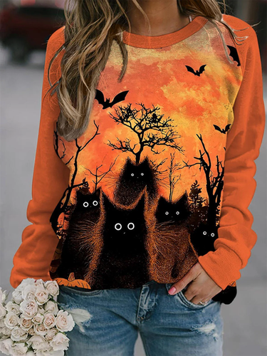 Halloween Cat Print Sweatshirt - Just Fashion Now - Modalova