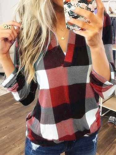 Casual V Neck Plaid Loose Blouse - Just Fashion Now - Modalova