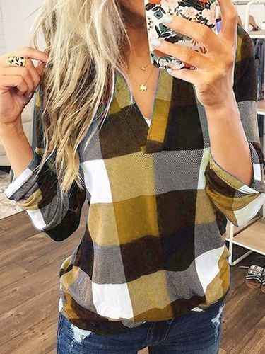 Casual V Neck Plaid Loose Blouse - Just Fashion Now - Modalova