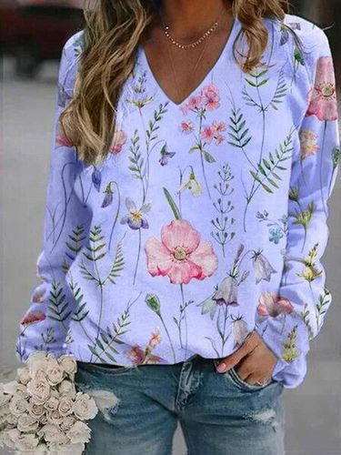 Floral Casual V-neck Sweatshirt - Just Fashion Now - Modalova