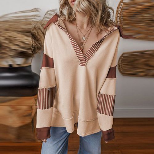 Striped Casual Shawl Collar Loose Sweatshirt - Just Fashion Now - Modalova