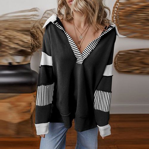 Striped Casual Shawl Collar Loose Sweatshirt - Just Fashion Now - Modalova