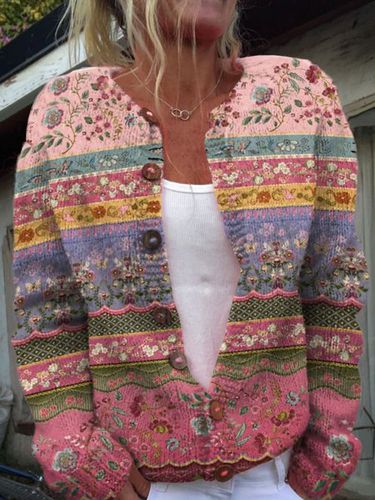 Vintage Tribal Floral Art Print Cozy Button Sweater - Just Fashion Now - Modalova