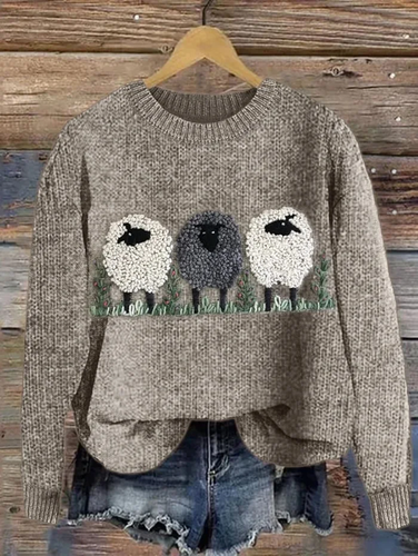 Women's Fluffy Sheep Print Casual Knitted Sweater - Just Fashion Now - Modalova