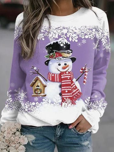 Christmas Snowman Casual Loose Crew Neck Sweatshirt - Just Fashion Now - Modalova