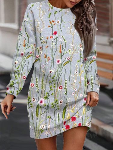 Crew Neck Floral Loose Casual Dress - Just Fashion Now - Modalova