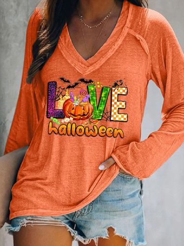 Casual V-neck Halloween T-Shirt - Just Fashion Now - Modalova