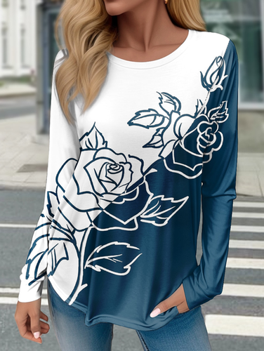 Women's Long Sleeve T-shirt Spring/Fall Blue Floral Jersey Crew Neck Daily Going Out Casual Top - Just Fashion Now - Modalova