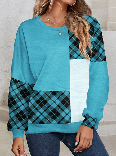 Crew Neck Plaid Casual Sweatshirt - Just Fashion Now - Modalova