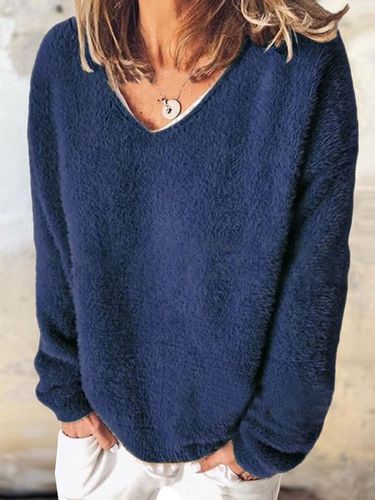 Casual Plain V Neck fluff Sweatshirt - Just Fashion Now - Modalova