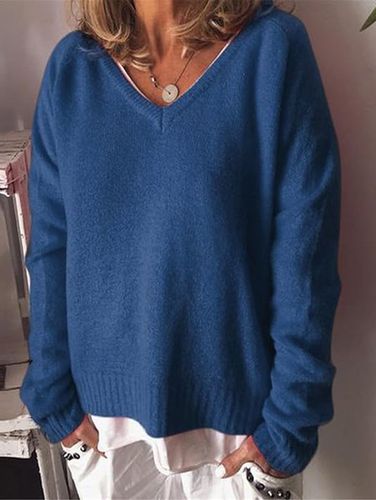 Plain V Neck Loose Casual Sweater - Just Fashion Now - Modalova