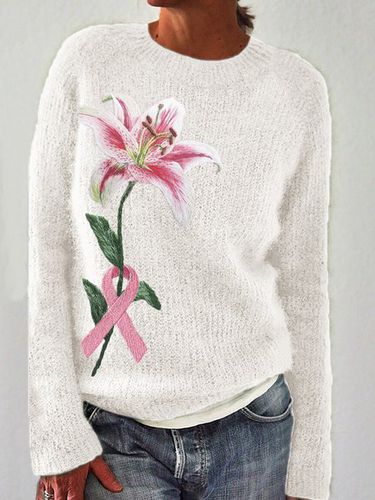 Elegant Lily Pink Ribbon Embroidered Knitted Sweater - Just Fashion Now - Modalova