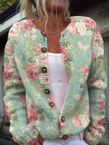 Casual Loose Floral Crew Neck Cardigan - Just Fashion Now - Modalova