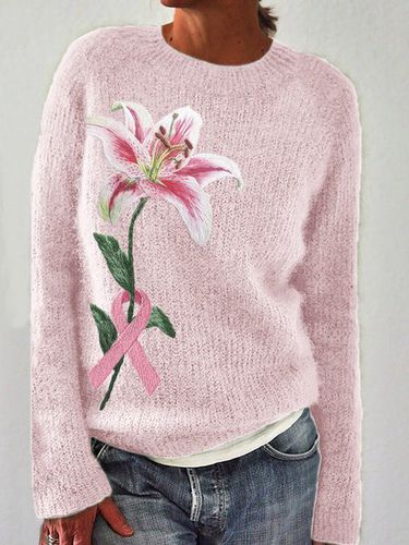 Elegant Lily Pink Ribbon Embroidered Knitted Sweater - Just Fashion Now - Modalova