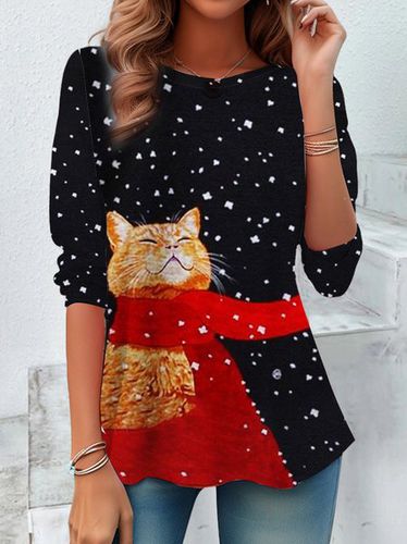 Christmas Cat Round Neck Casual T-Shirt - Just Fashion Now - Modalova