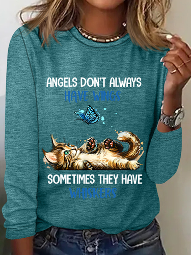 Angels Dont Always Have Wings They Have Whiskers Cat Casual Long Sleeve Shirt - Just Fashion Now - Modalova