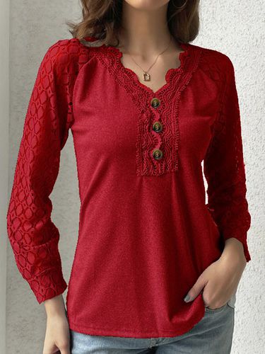 V Neck Casual Plain Lace Bukle T-Shirt - Just Fashion Now - Modalova