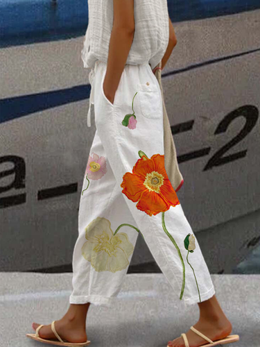 Loose Casual Floral Linen Pants - Just Fashion Now - Modalova