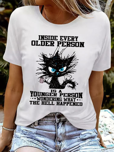 Women's funny grumpy cat Inside Every Older Person Is A Younger Person Letters Casual Crew Neck T-Shirt - Modetalente - Modalova