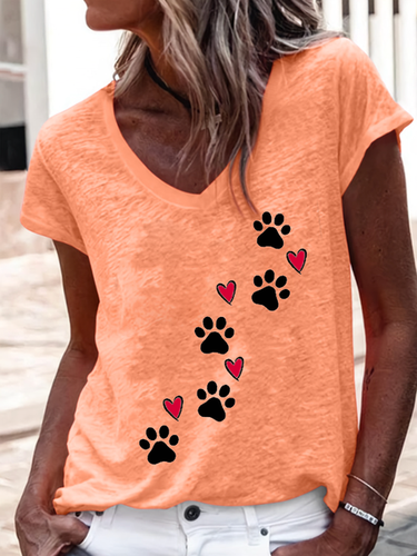 Heart Dog V Neck Regular Fit Cotton-Blend Casual T-Shirt - Just Fashion Now - Modalova