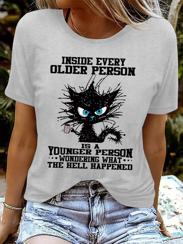 Women's funny grumpy cat Inside Every Older Person Is A Younger Person Letters Casual Crew Neck T-Shirt - Modetalente - Modalova