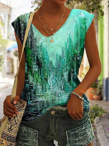 Casual V Neck Landscape Print Loose T-Shirt - Just Fashion Now - Modalova