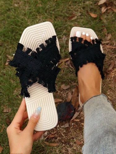 Boho Tassel Cross Strap Beach Slide Sandals - Just Fashion Now - Modalova