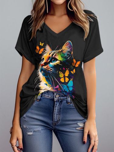 Loose V Neck Butterfly And Cat Casual T-Shirt - Just Fashion Now - Modalova