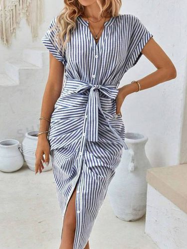 Striped Buttoned Elegant Dress - Just Fashion Now - Modalova