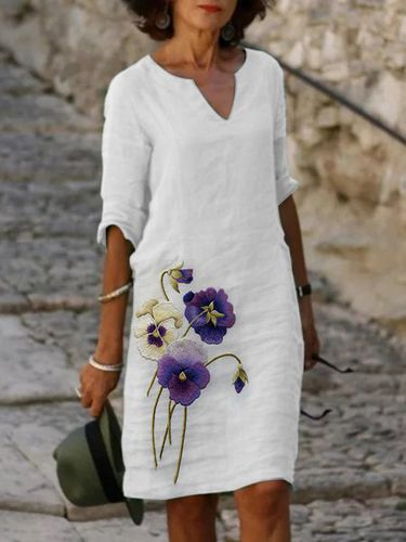 Pansies Floral Loose Embroidery Casual Dress With No - Just Fashion Now - Modalova