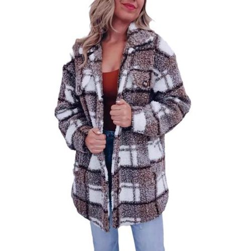 Plaid Casual Shawl Collar Teddy Velvet Jacket - Just Fashion Now - Modalova