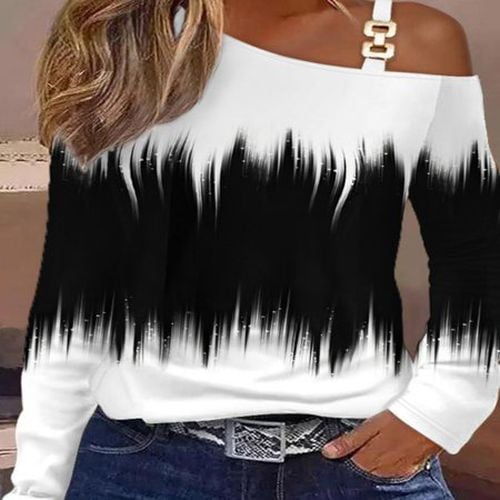 Women's Long Sleeve Blouse Spring/Fall White Color Block Metal Asymmetrical Collar Going Out Casual Top - Just Fashion Now - Modalova