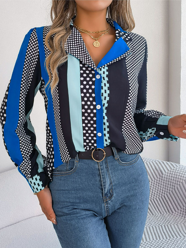 Women's Long Sleeve Shirt Spring/Fall Blue Geometric Shirt Collar Daily Going Out Casual Top - Just Fashion Now - Modalova