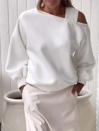 Loose One Shoulder Casual Plain Sweatshirt - Just Fashion Now - Modalova