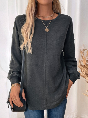 Women's Long Sleeve Blouse Spring/Fall Deep Gray Plain Knitted Crew Neck Daily Going Out Casual Top - Just Fashion Now - Modalova